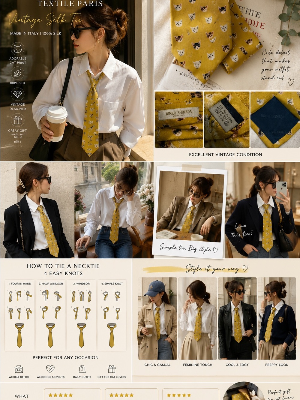 Men's Yellow Tie with Playful Cat-Head Motif